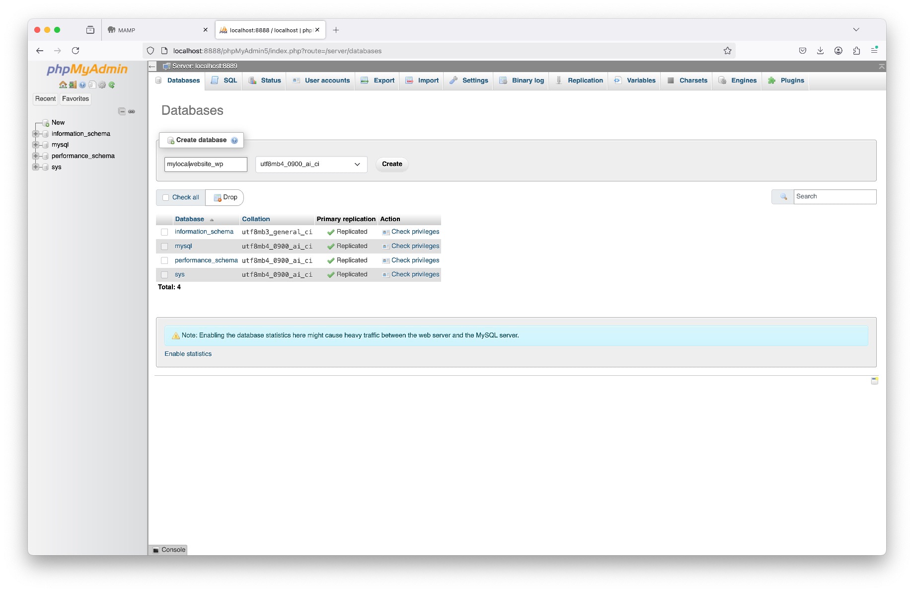 Screenshot of phpMyAdmin showing how to create a new database