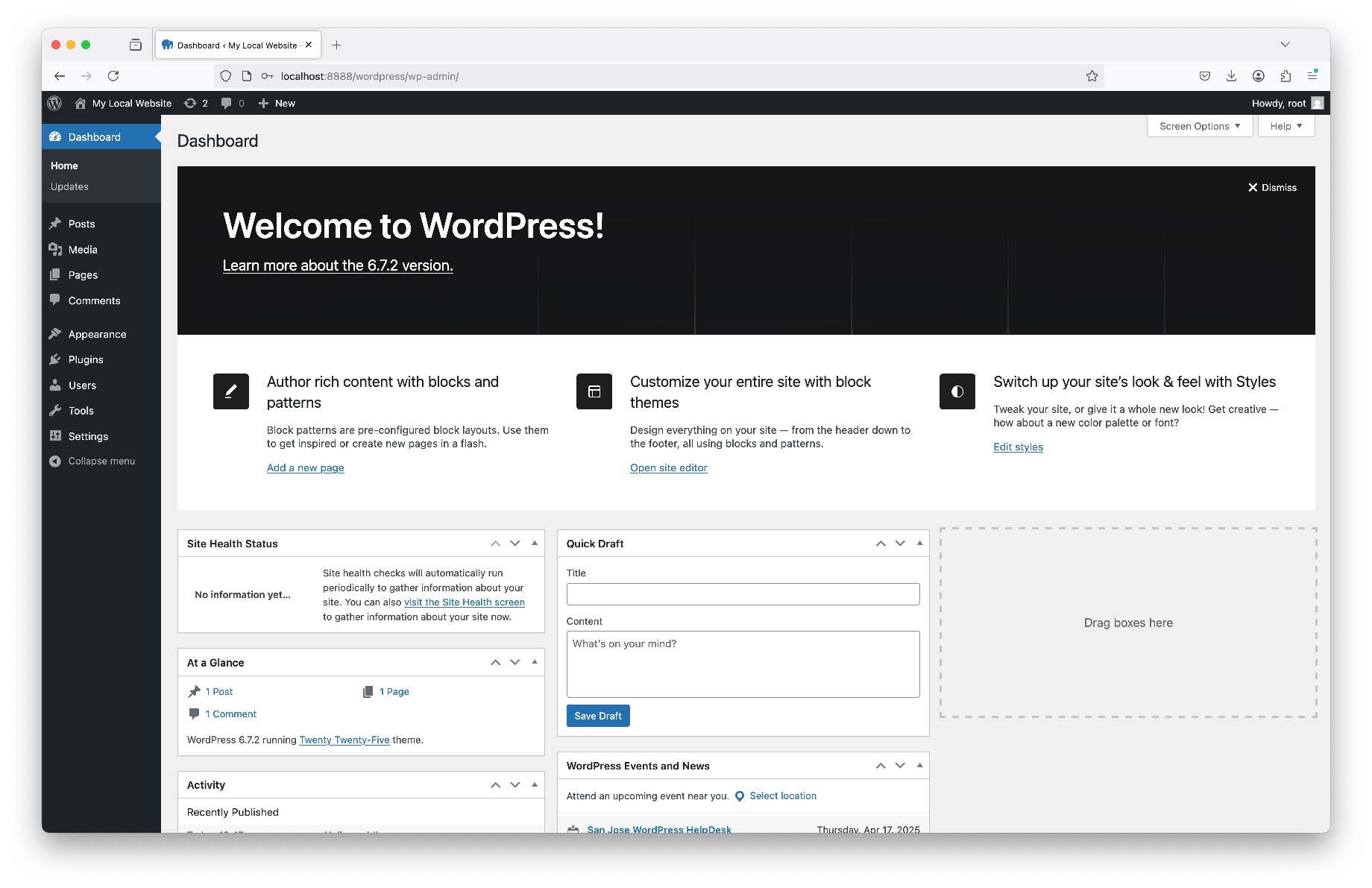 WordPress dashboard with active theme and plugin panel visible
