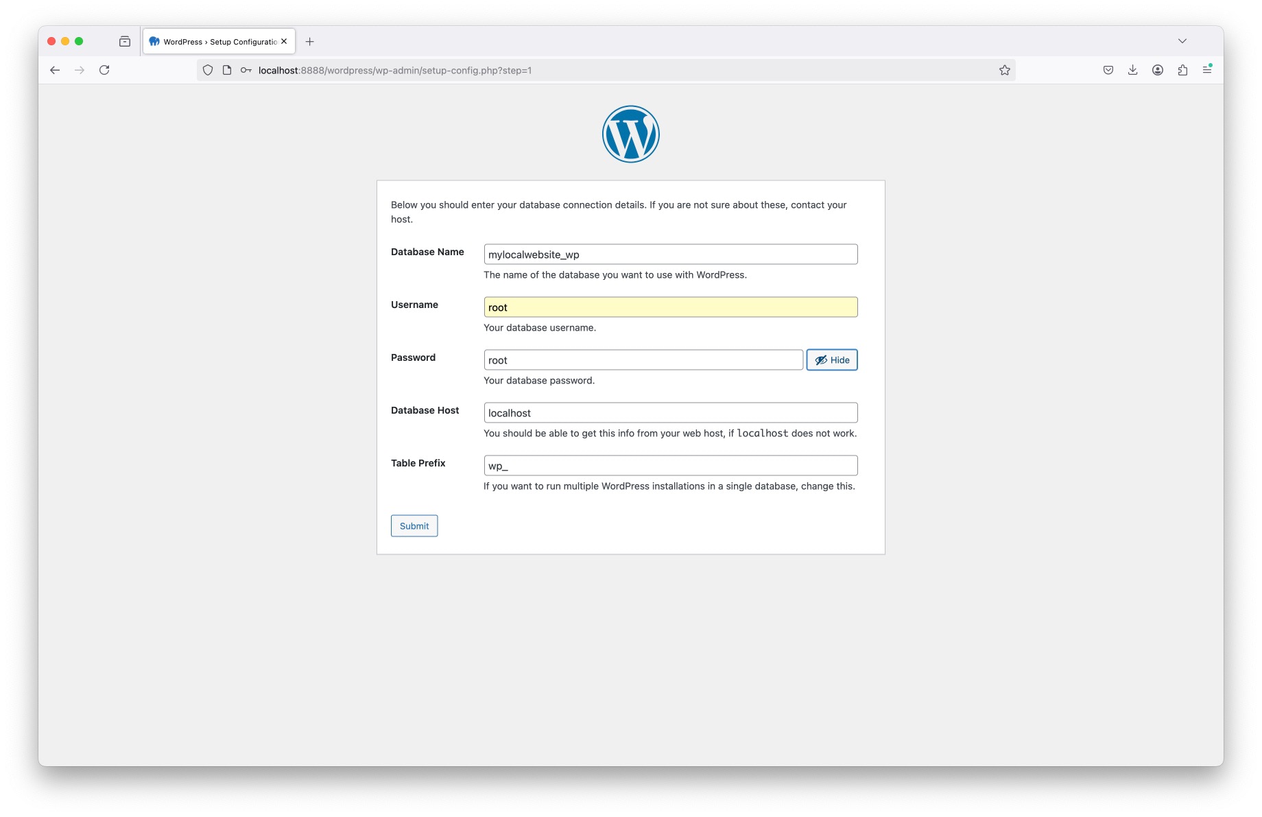 WordPress installation screen showing database setup fields in the browser