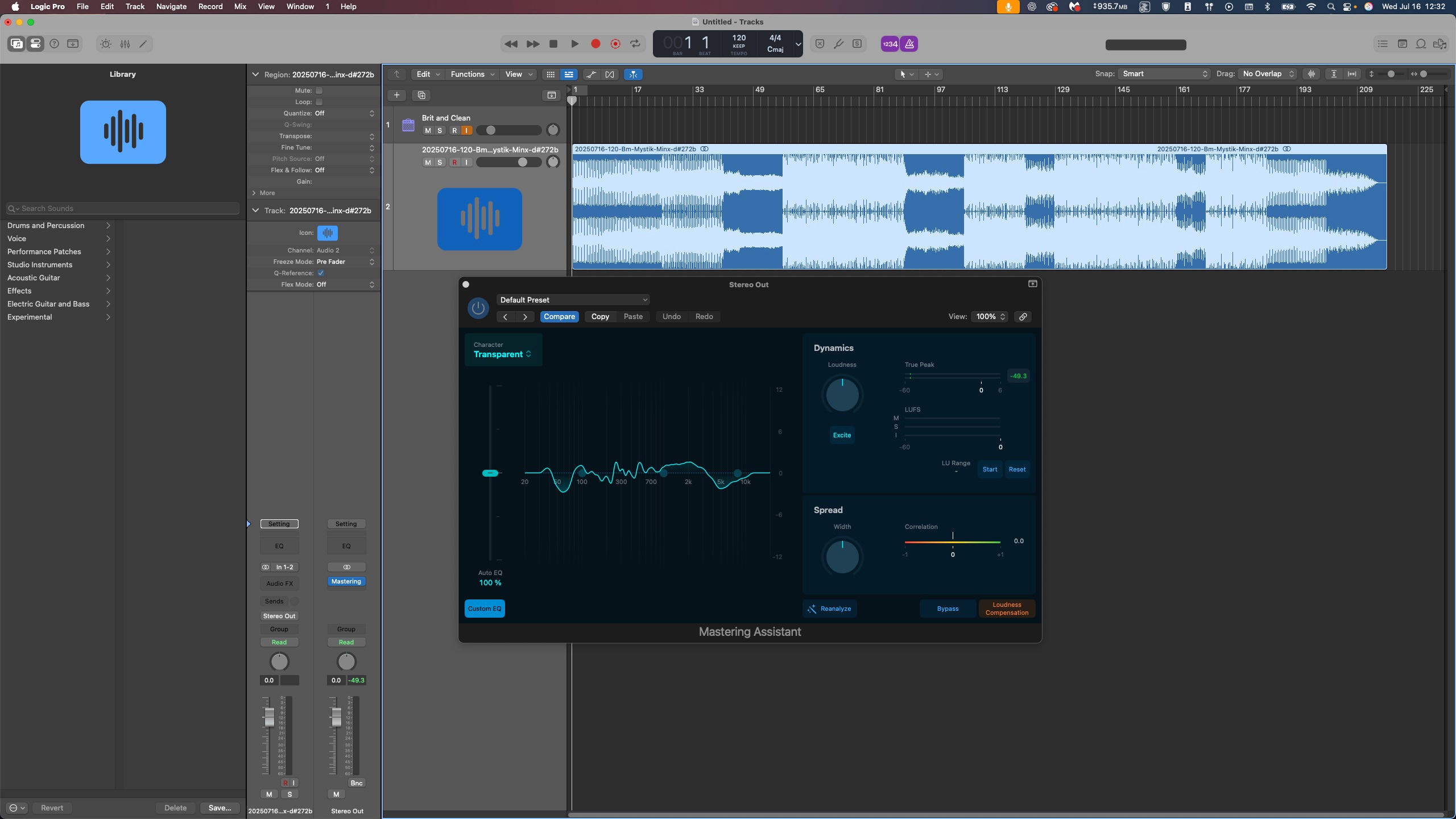 Logic showing a waveform of the song with mastering assistant plugin