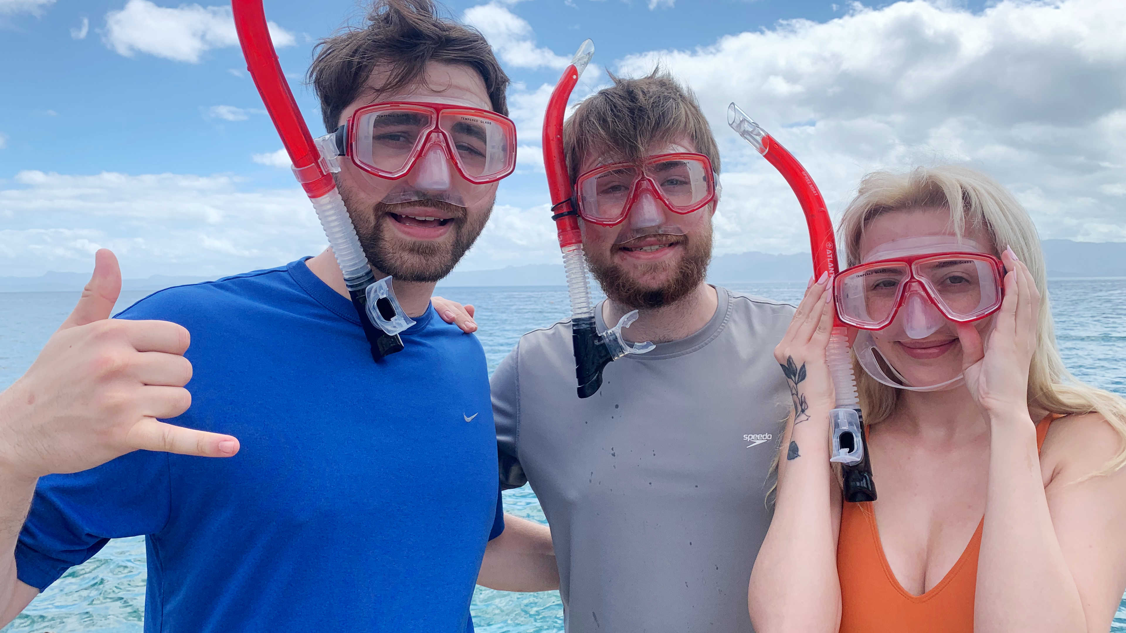My nephews Nick and Gabe along with Nick's girlfriend Nova — ready to snorkel!