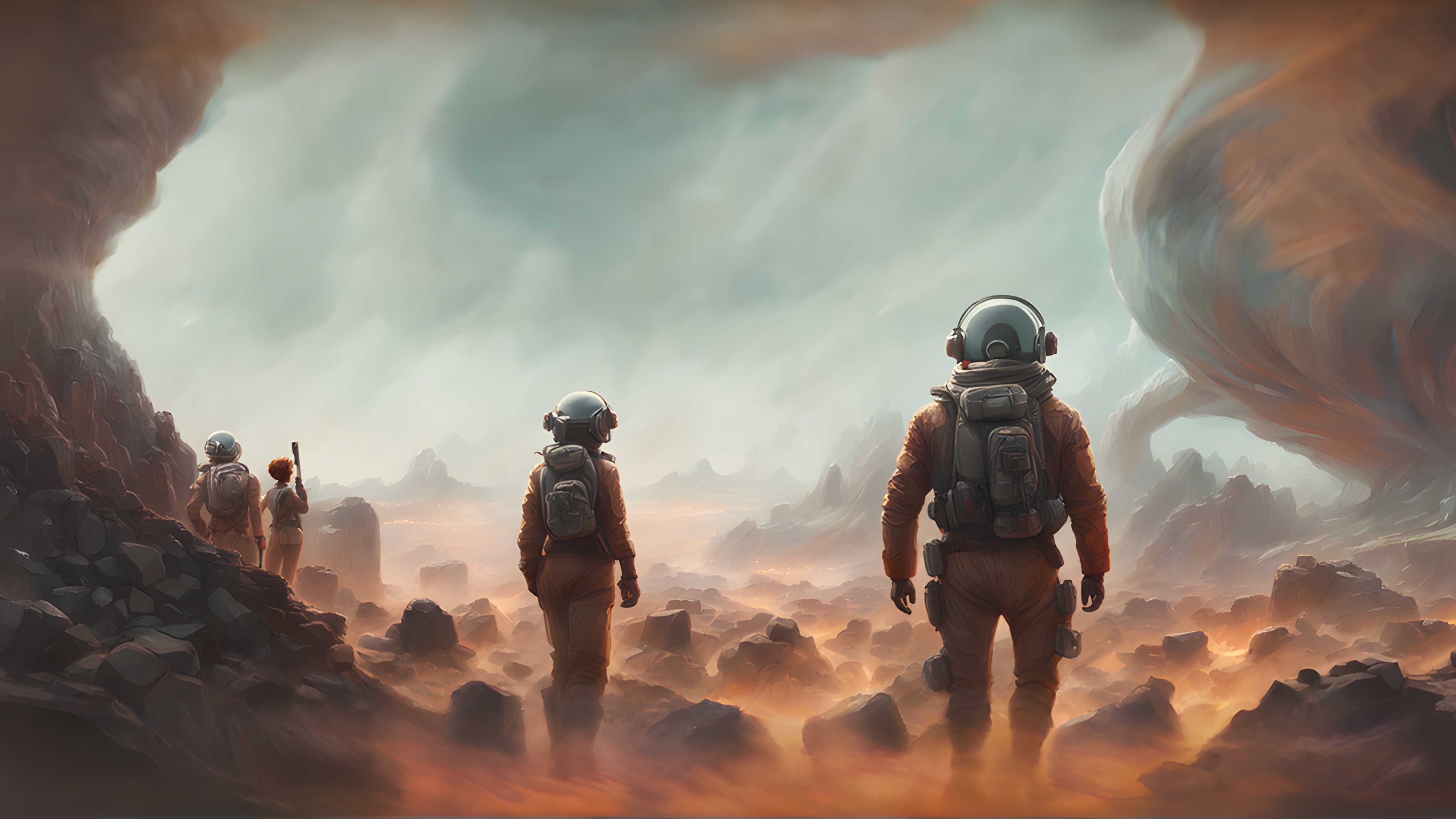 A group of astronauts in spacesuits exploring a forboding landscape