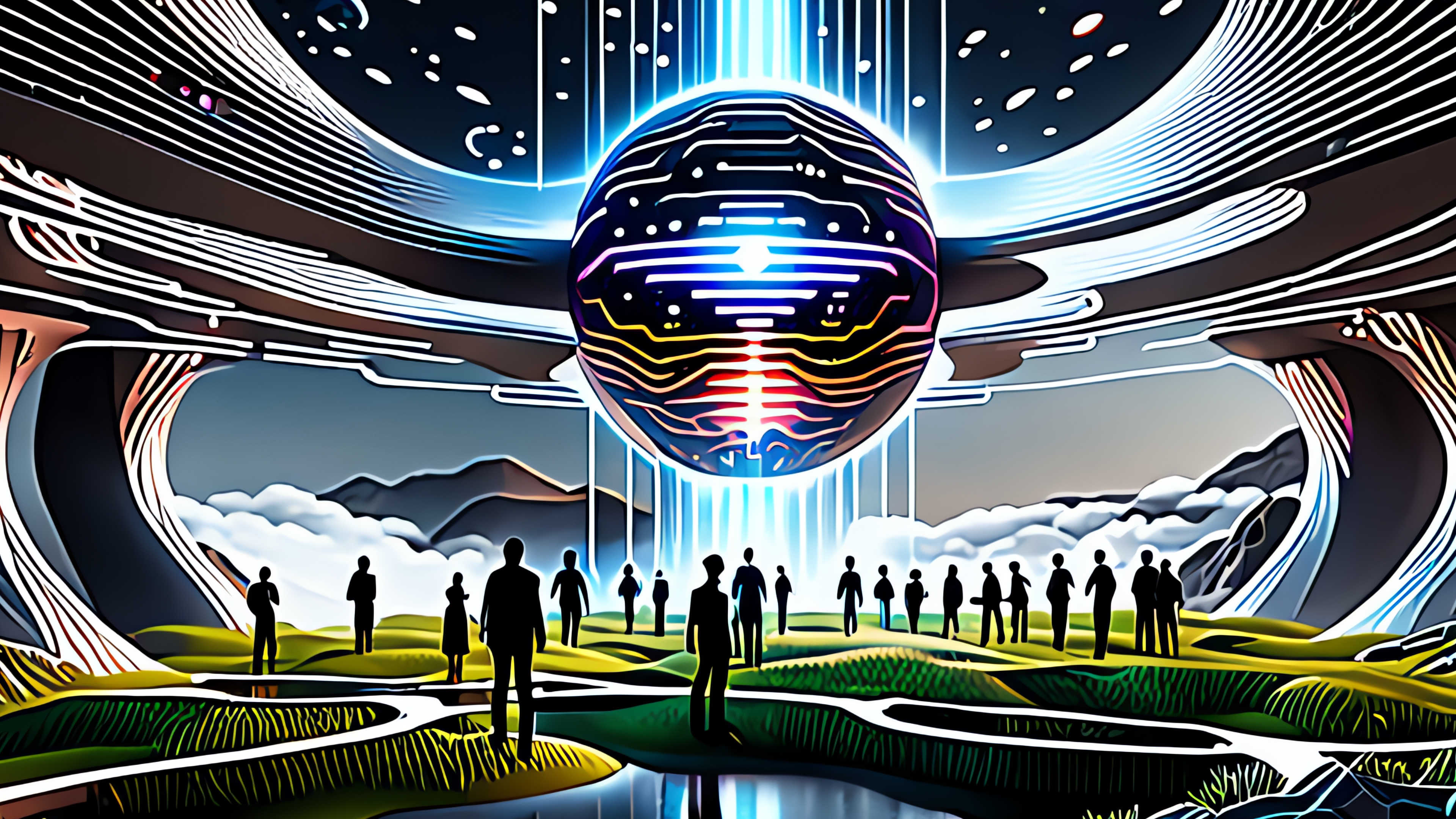 Stylized illustration of a large orb over a pavilion with many people standing together
