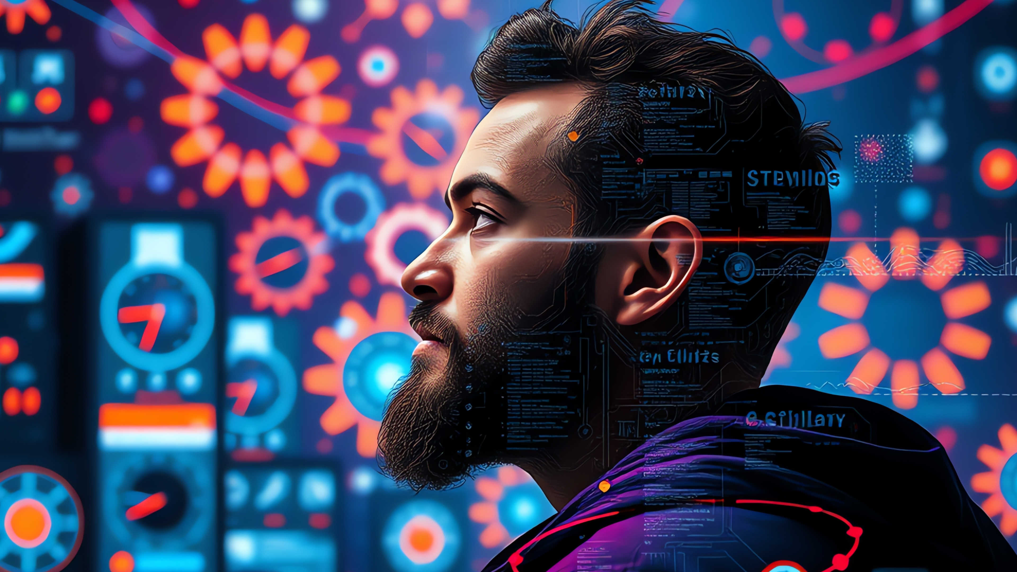 Digital illustration of a man's head with digital gears and symbols in the background