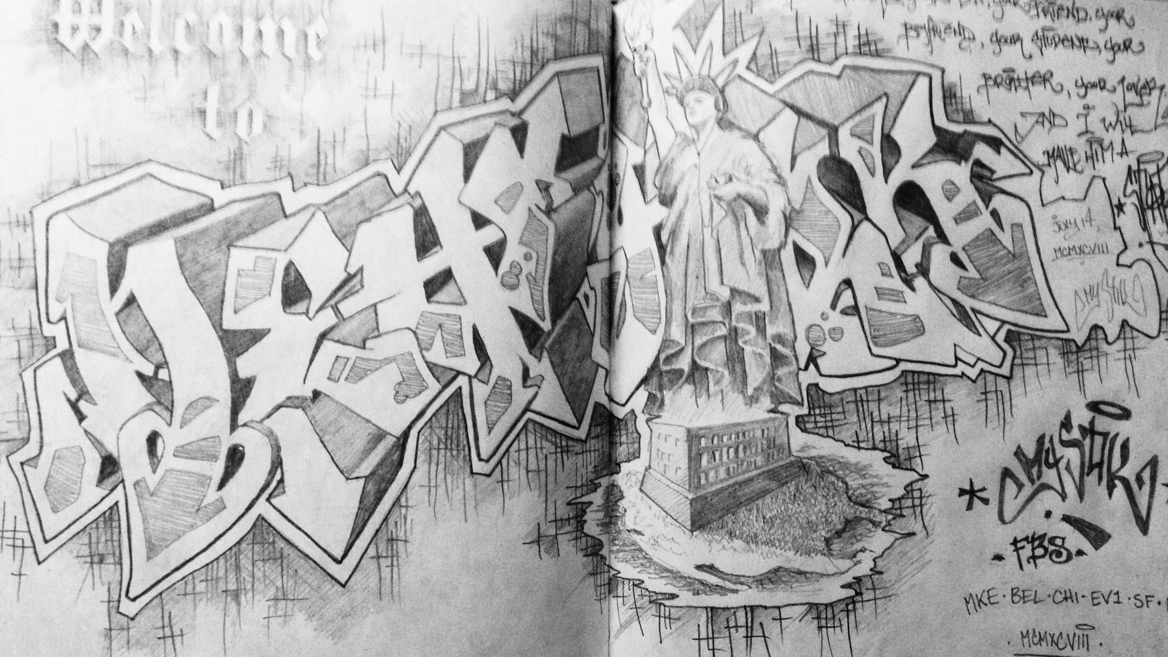 A graffiti drawing I made with the words New York and a Statue of Liberty