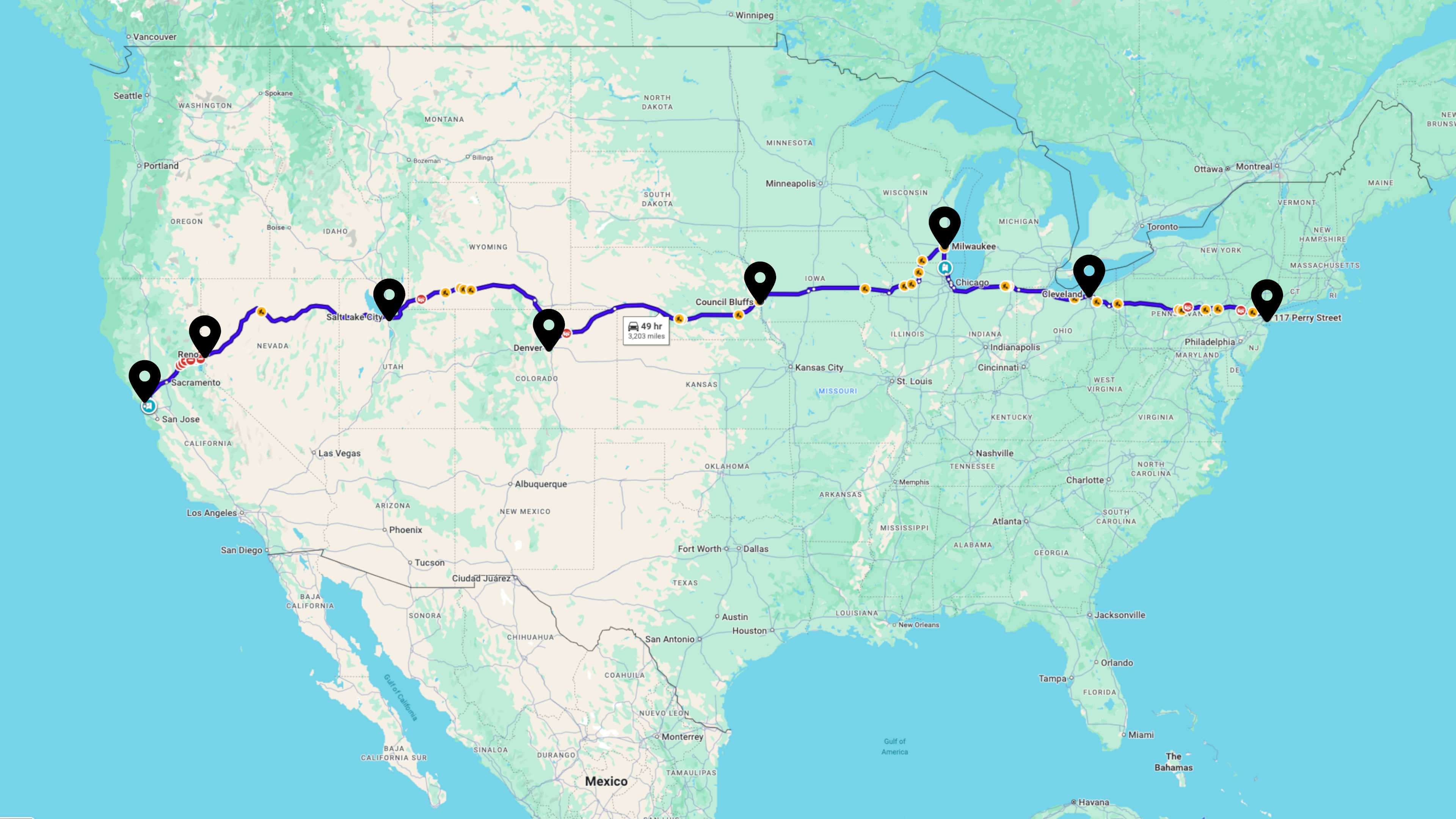 A map showing the route from New York to San Francisco
