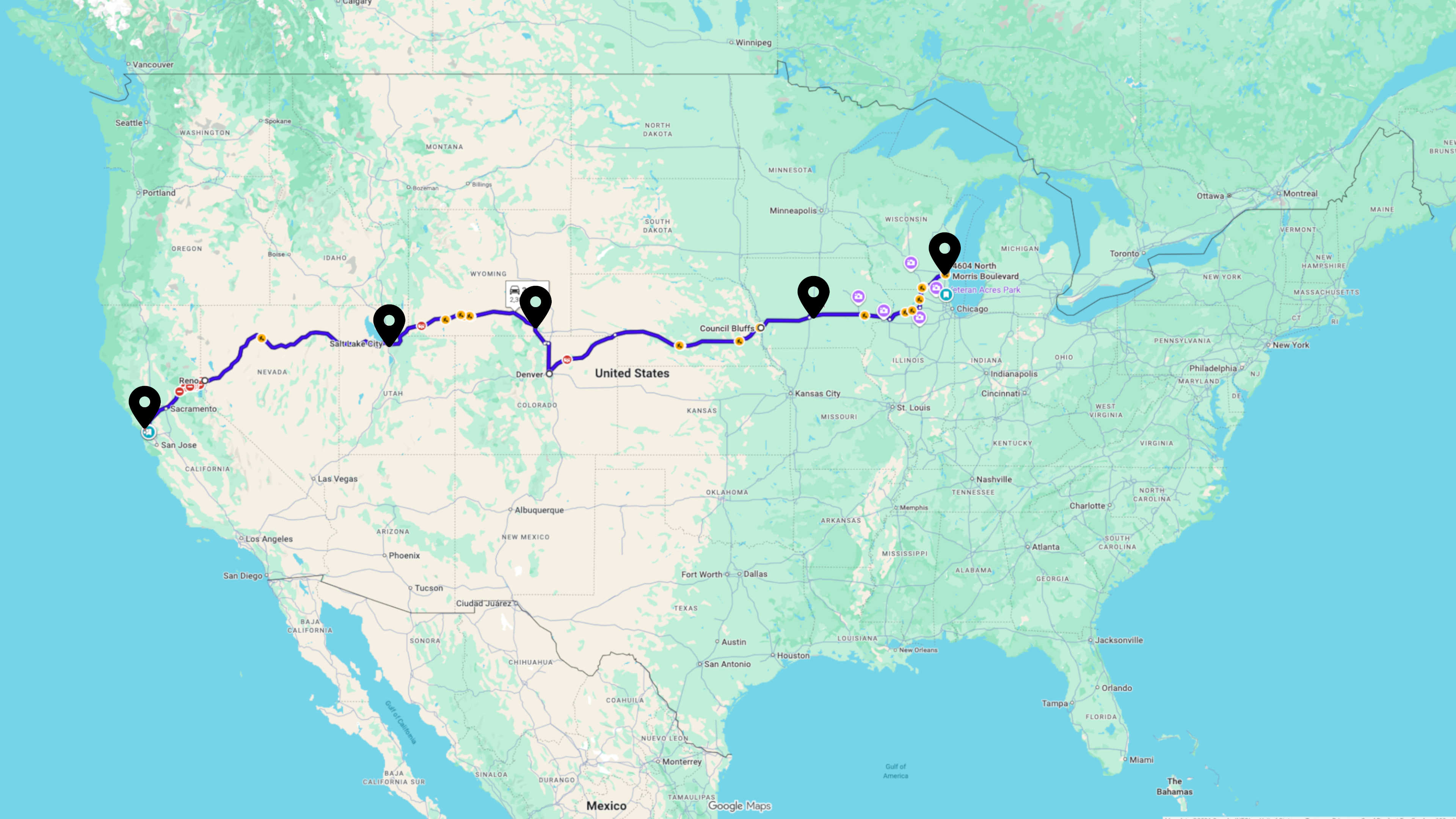 The route from Milwaukee to San Francisco