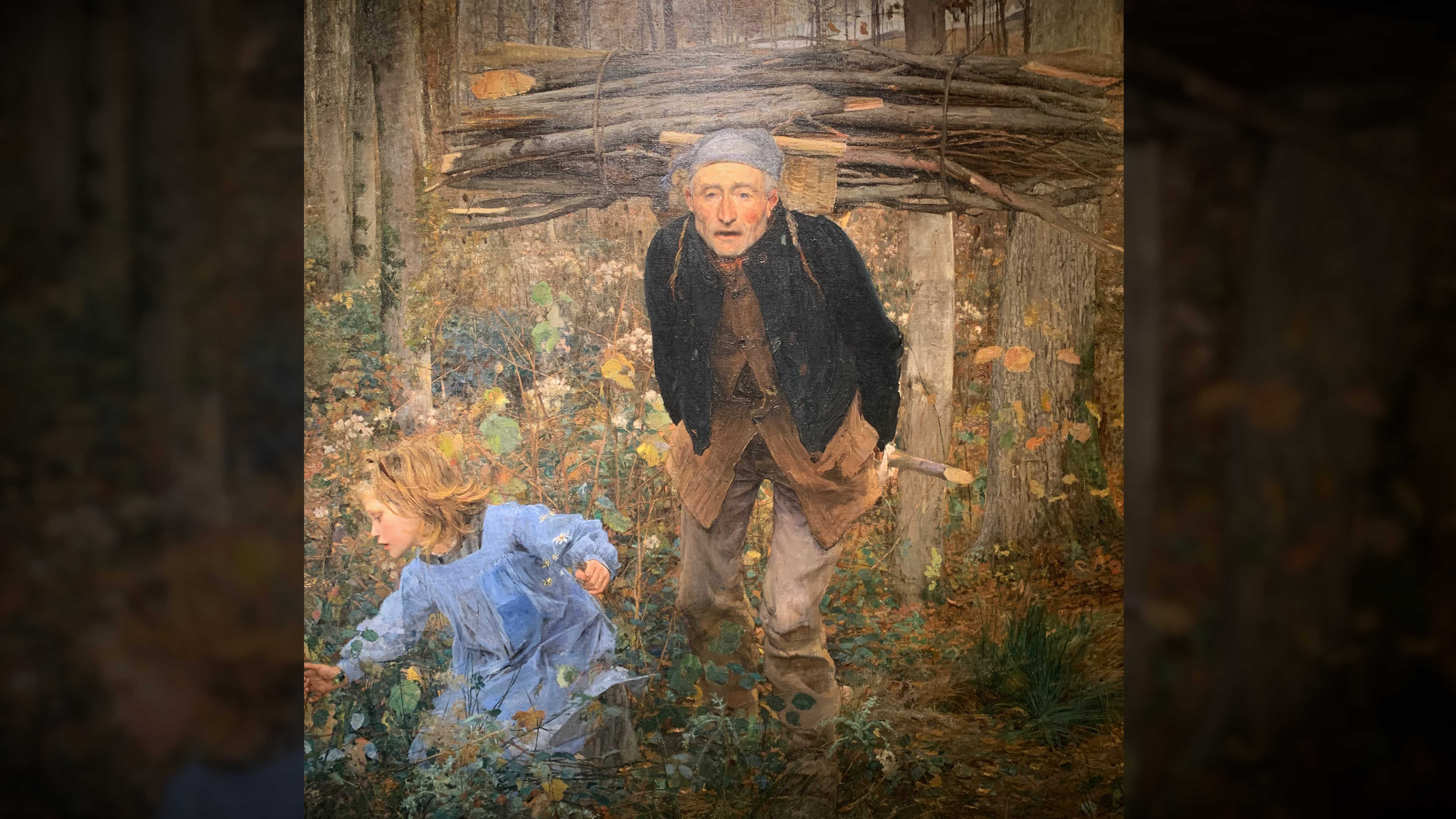A painting of a man carrying wood on his back through the forest as a young girl plays with flowers