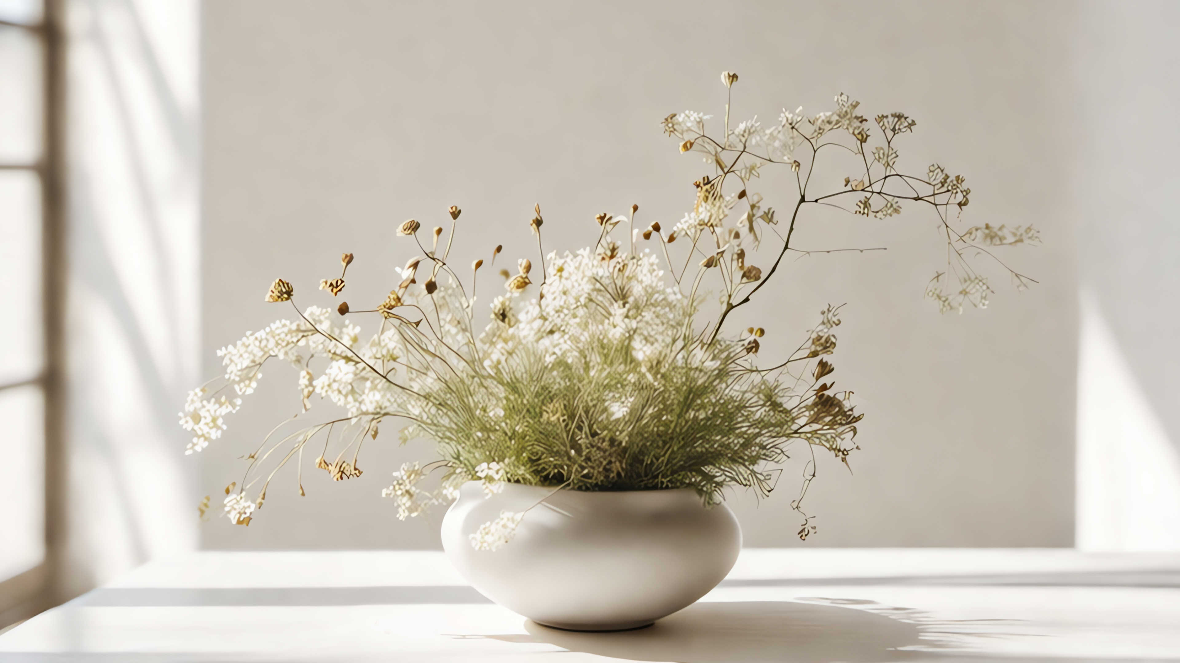 A white bowl of white and green spring wildflowers on a white table in the sunlight in a white room.