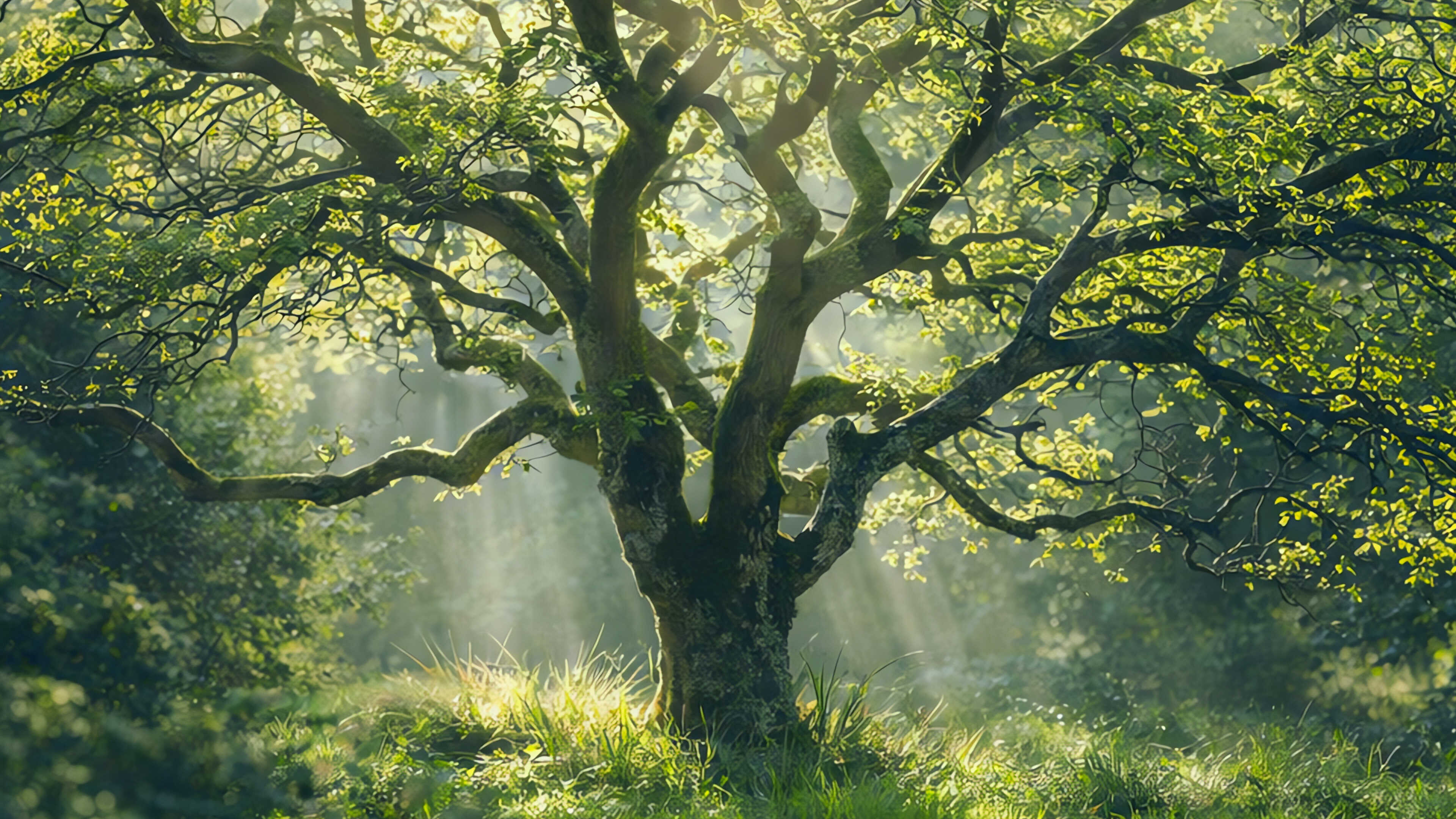 Sunrays coming through a large tree canopy