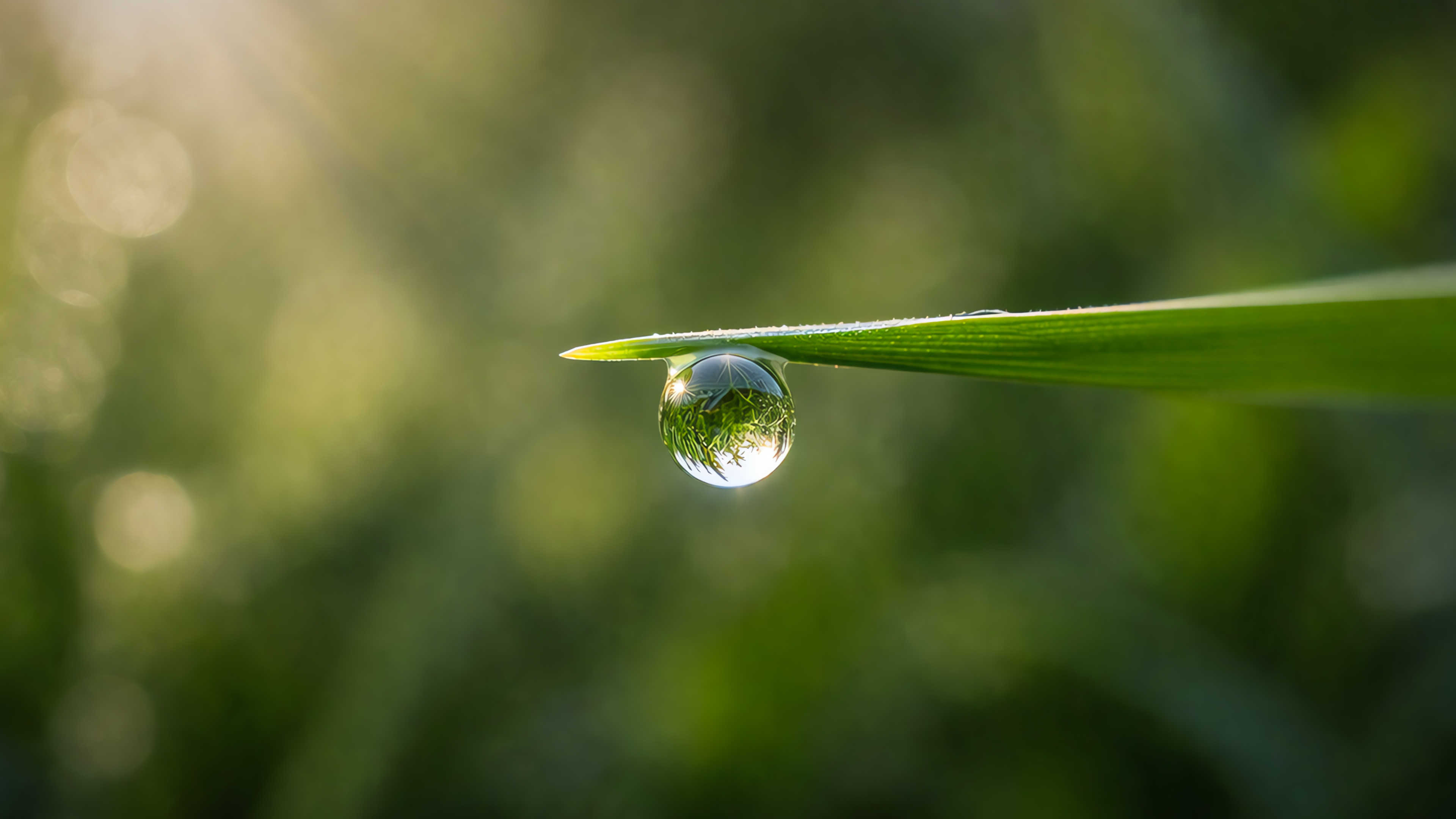 Closeup of a water droplet hanging from a blade of grass