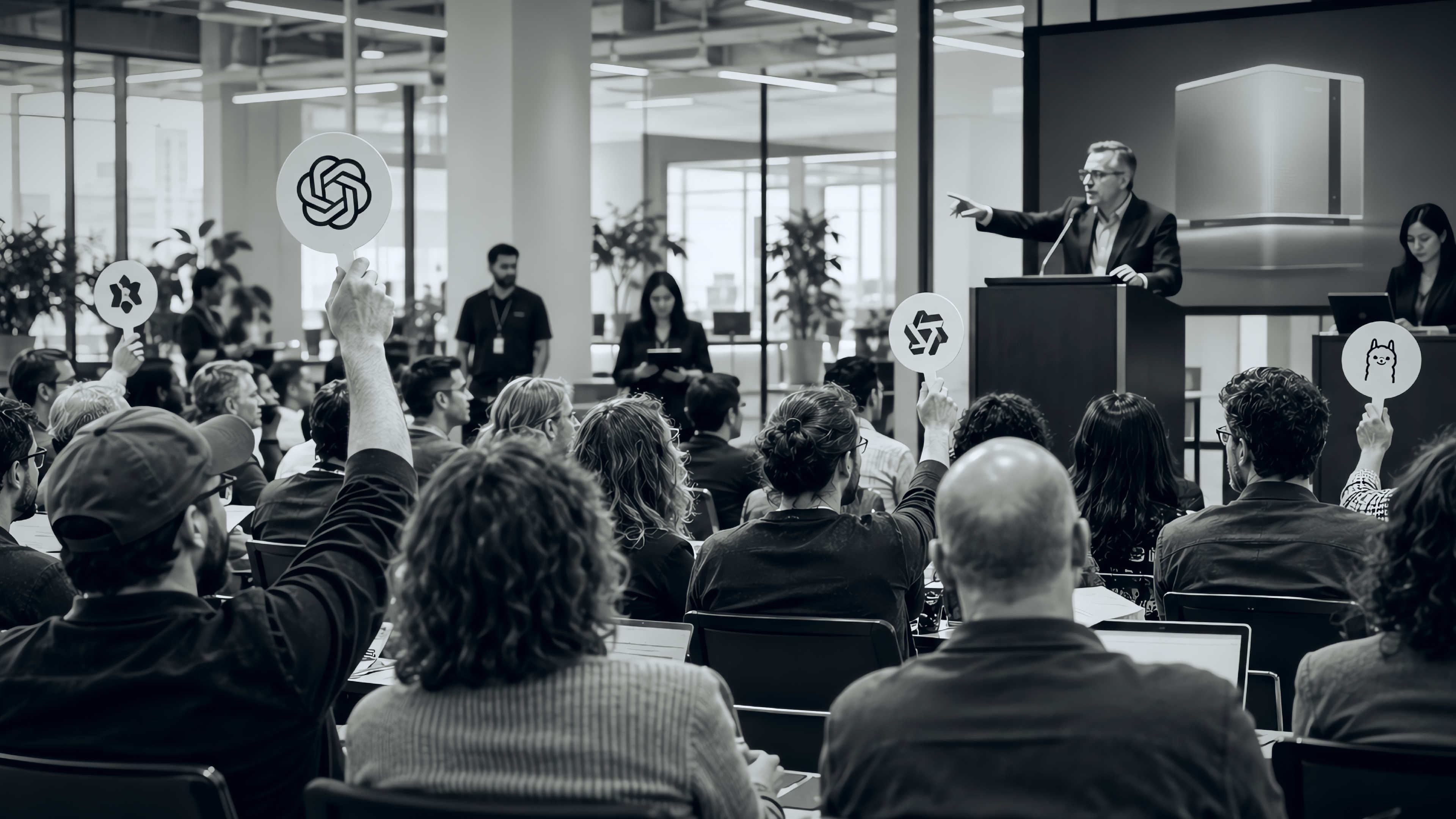 Editorial image of an auction in a modern office building with people holding up signs with frontier LLM logos.