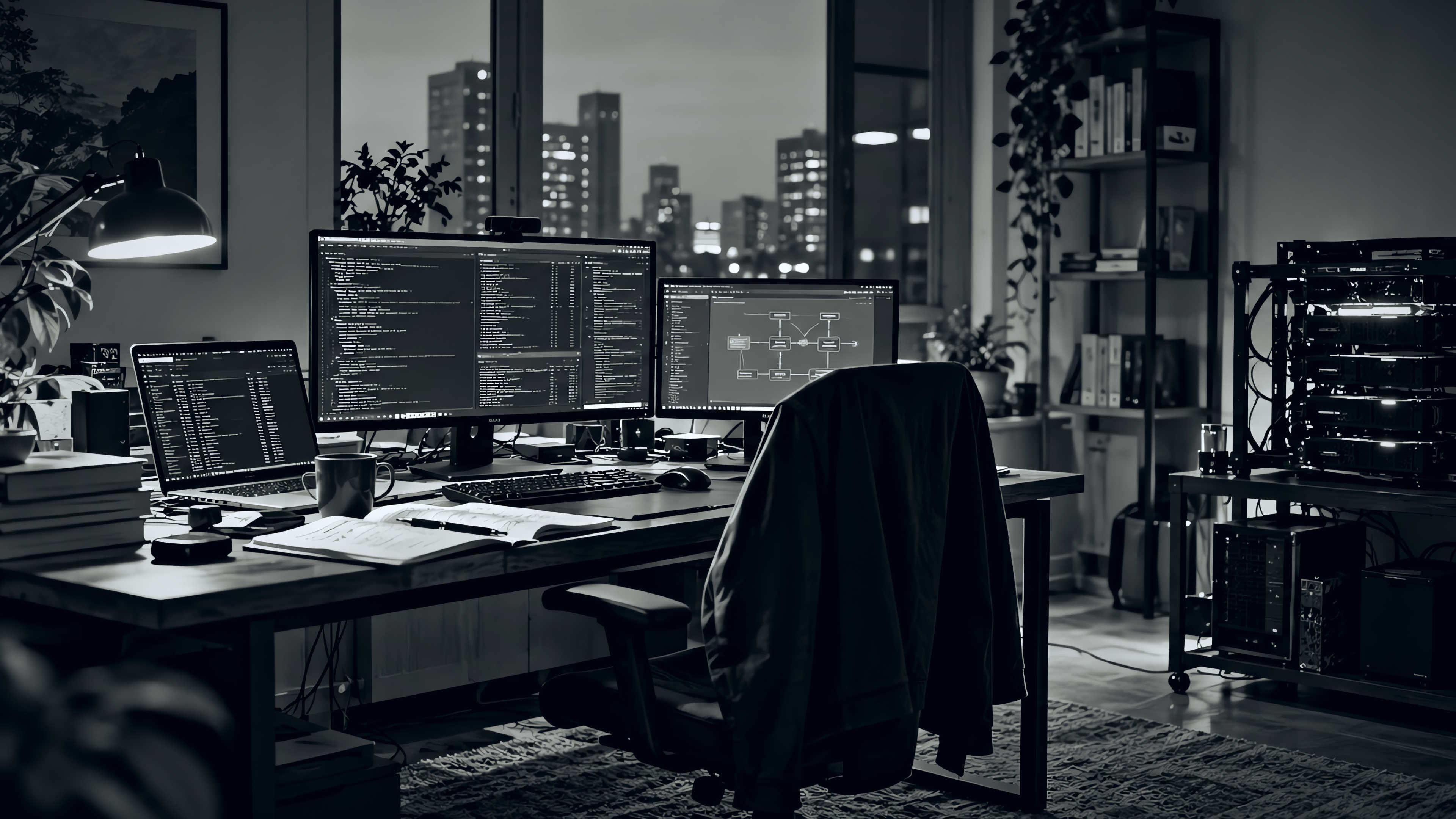 A desk inside an urban apartment with workstations open and server rack to the right, the city visible through a window in the background.