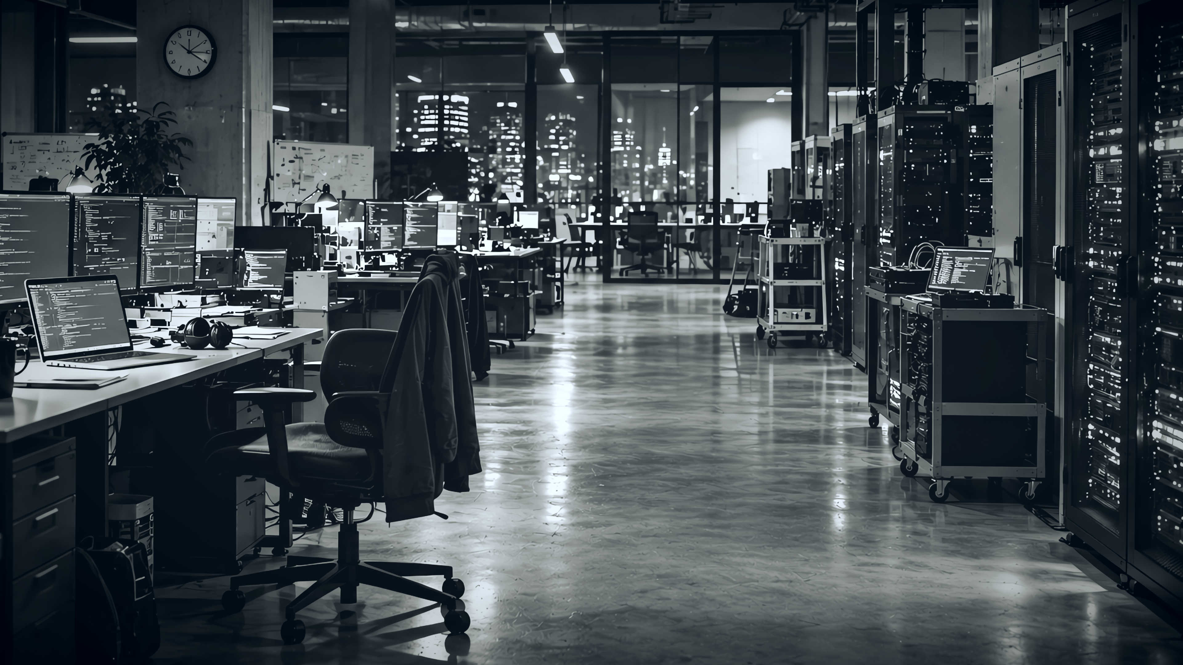 Editorial photo of a darkened office building with lights and computers still running.