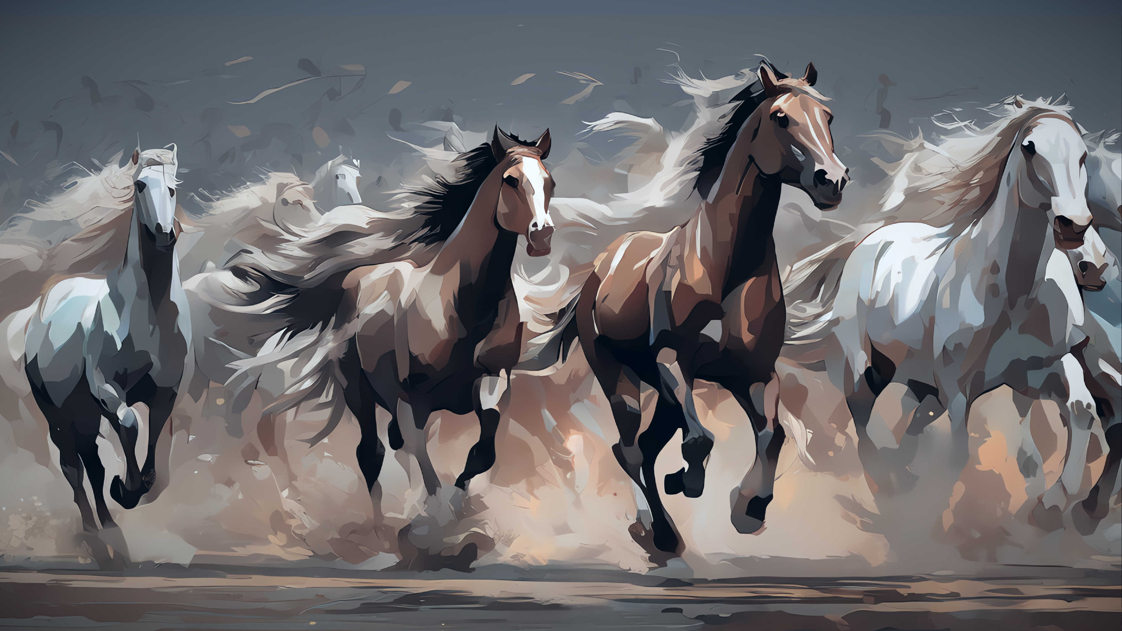 A stampede of horses filling the frame running from left to right.